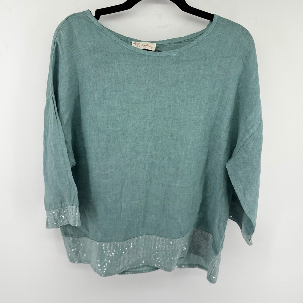 Bellambra Sage Green 100% Linen Sequin Trim Top Made in Italy Small - Picture 2 of 7